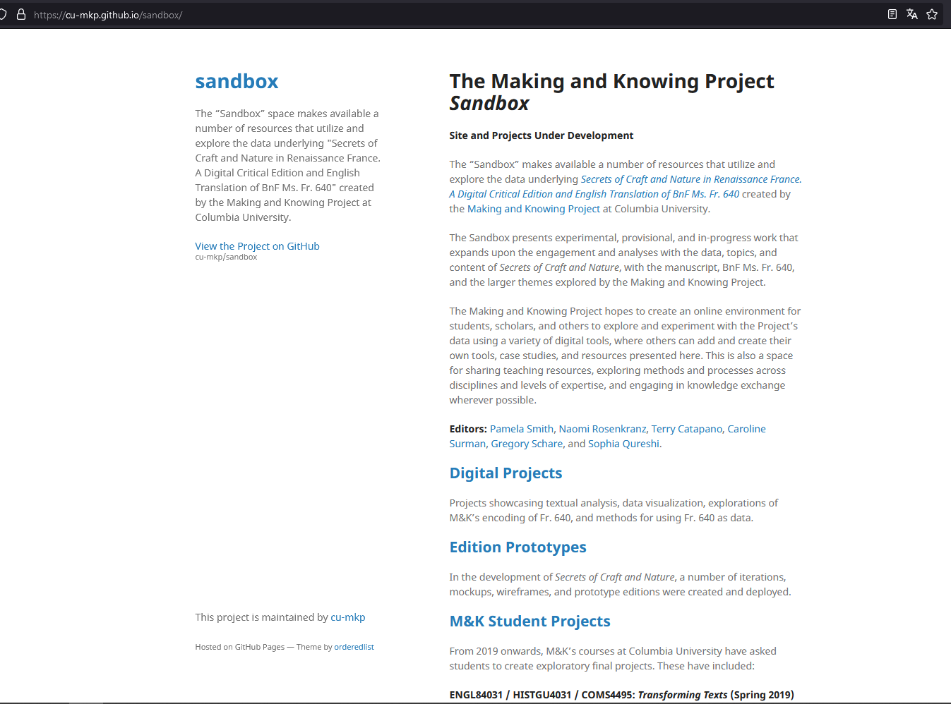 The sandbox page on GitHub.io used for the less permanent, more experimental parts of the project and for engaging with the digital data.