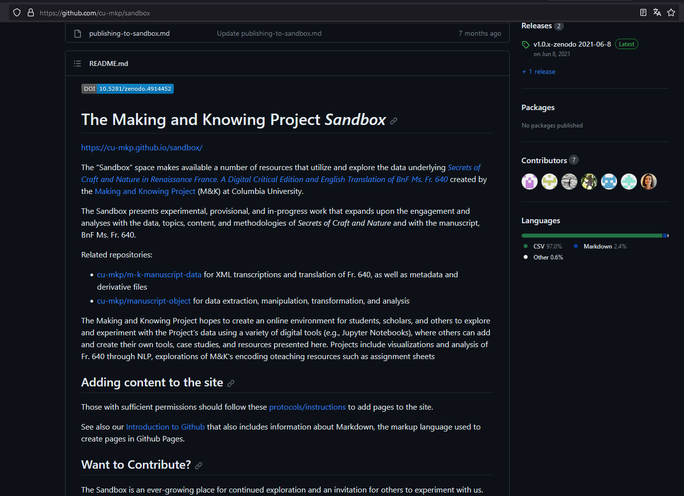 The corresponding GitHub repository for the sandbox, including information about adding content and contributing to the sandbox.