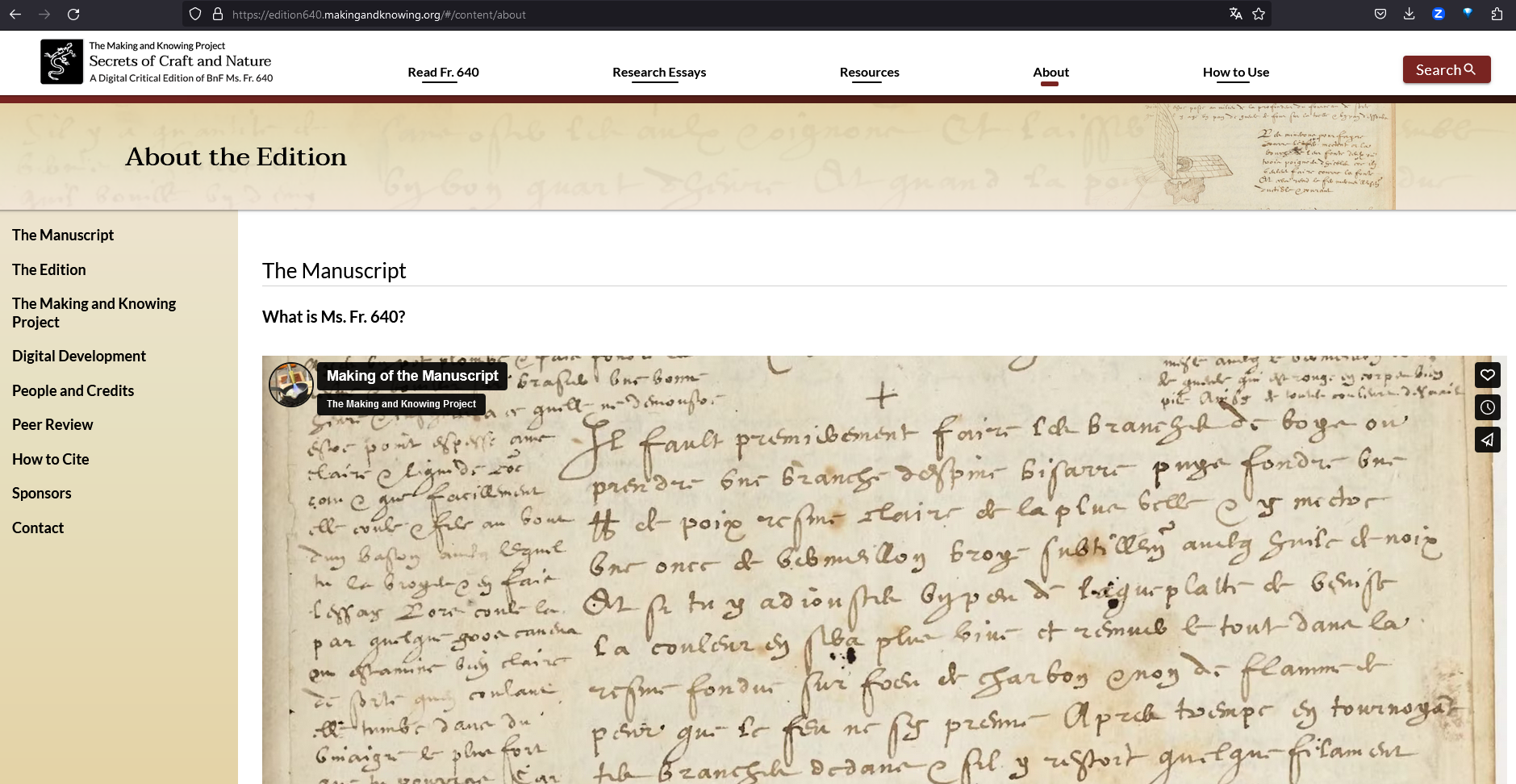“About” page with the start of the section describing the manuscript in detail, including an example of the handwriting.
