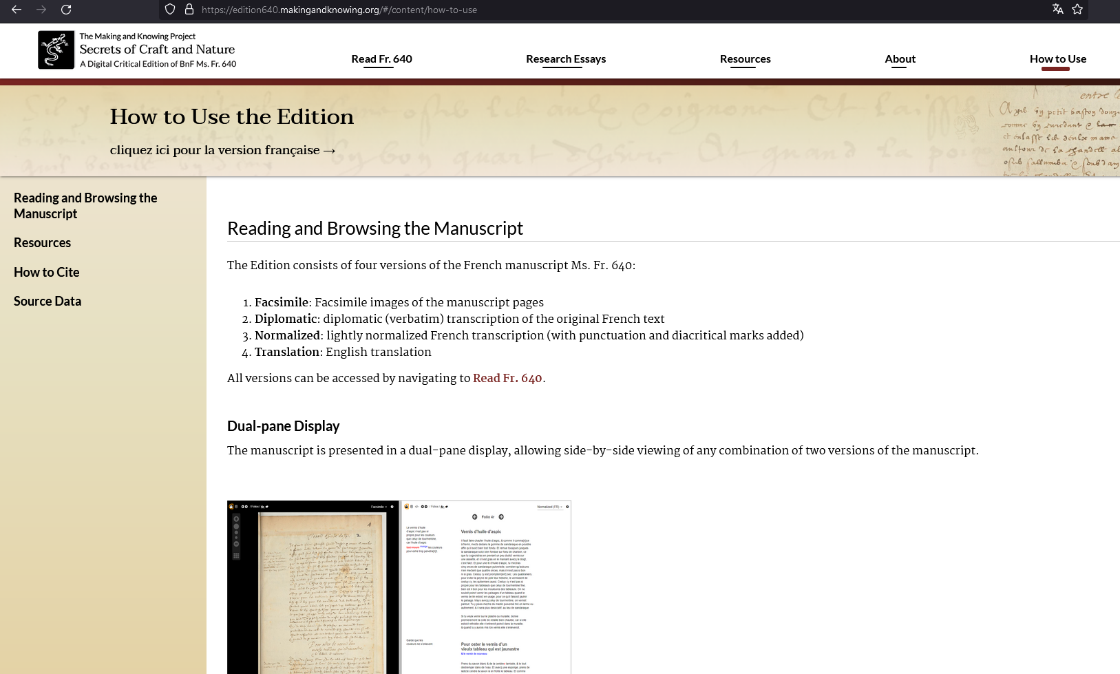 Helper page explaining how to read and browse the digital edition of manuscript, noting that it consists of four versions (facsimile, diplomatic, normalized, and translation) and describing how the dual-pane view works.