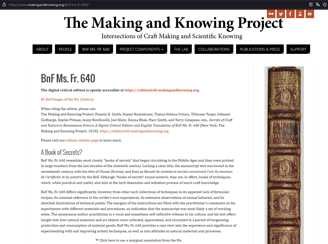 “About” page briefly describing the manuscript, linking to high-resolution images in Gallica, and displaying the book’s spine.