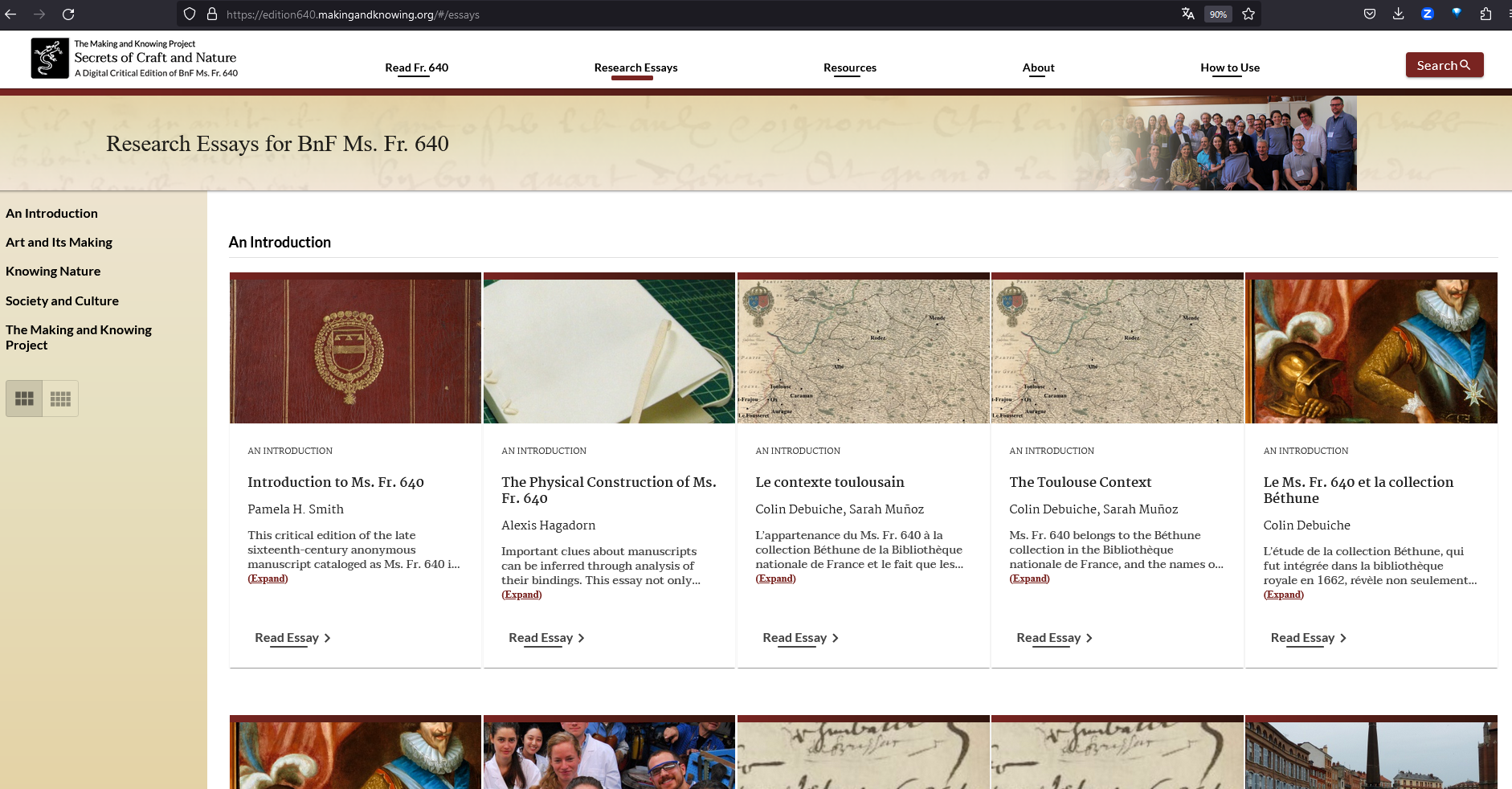 Overview of the research essays, including an introduction to the manuscript and its physical construction, as well as examples of texts in both French and English, since some essays are available in both languages.