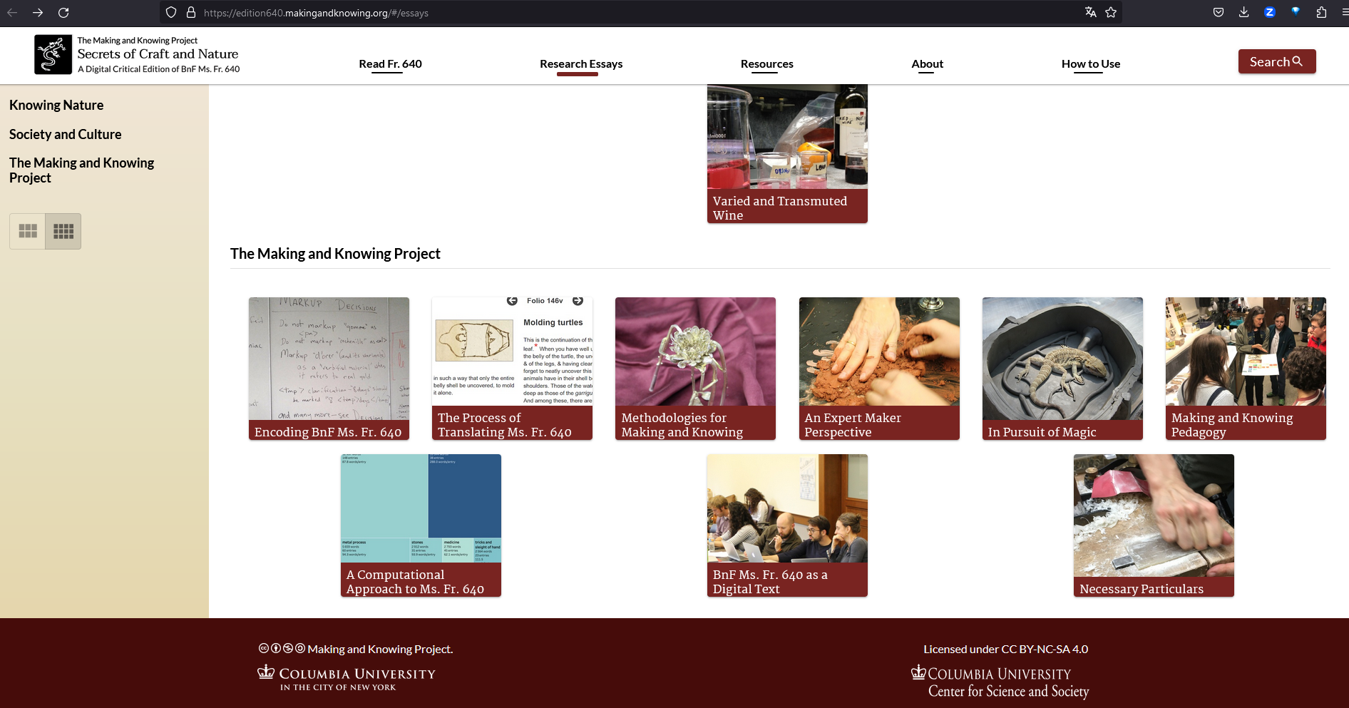 Another example of the essay overview page, here showing essays about the project itself—its encoding, translation, and methodologies—as well as reflections on the edition as a digital text and computational approach.