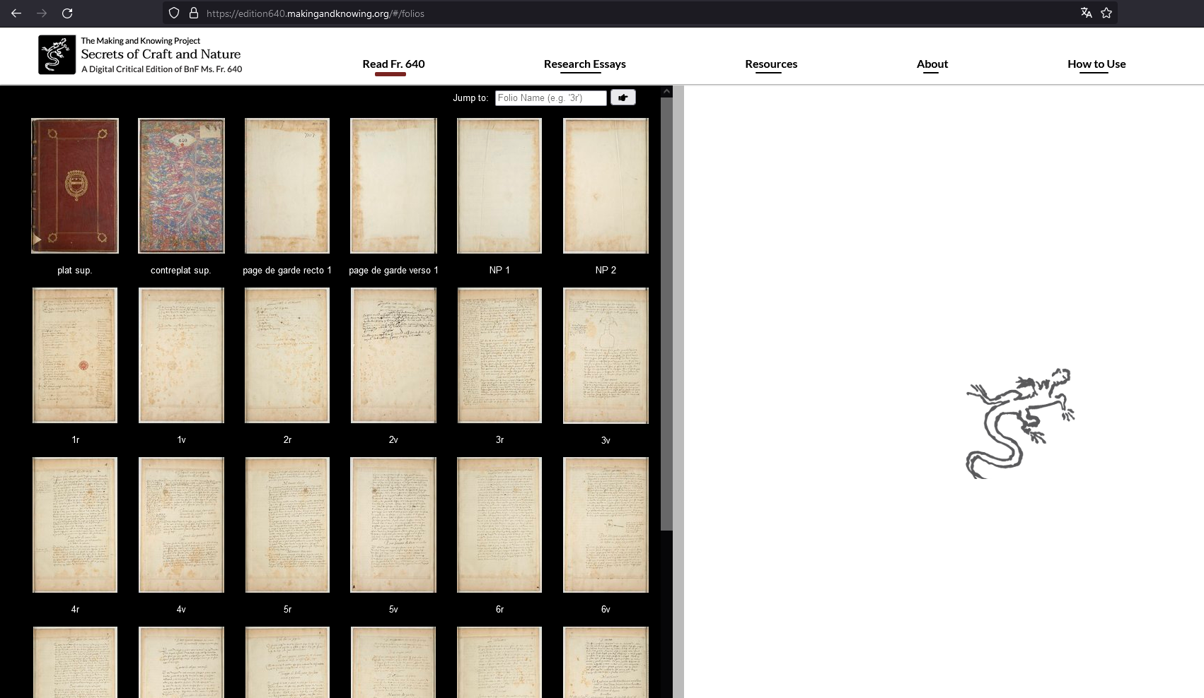 Dual-pane view showing, on the left, an overview of the manuscript pages and, on the right, the gecko animation used in place of a spinning cursor while pages are loading.