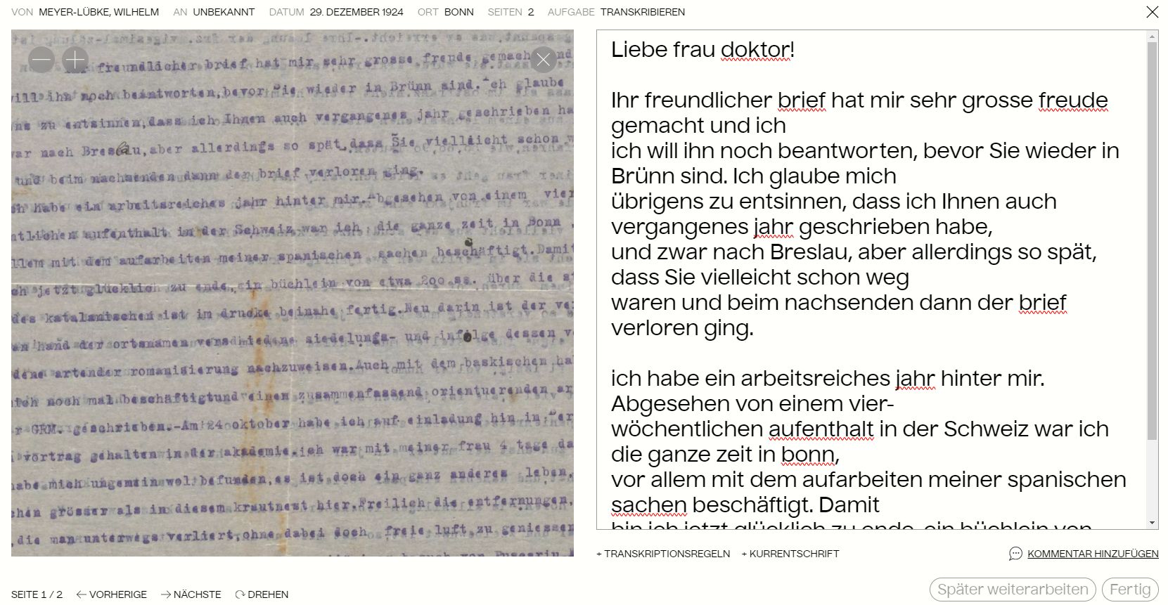 Screenshot der geöffneten Bearbeitungsmaske zur Volltexttranskription eines Briefes (https://web.archive.org/web/20240323195531/https://wienbibliothek.crowdsourcing.wien/briefe-1920-1934/object/4936713/).