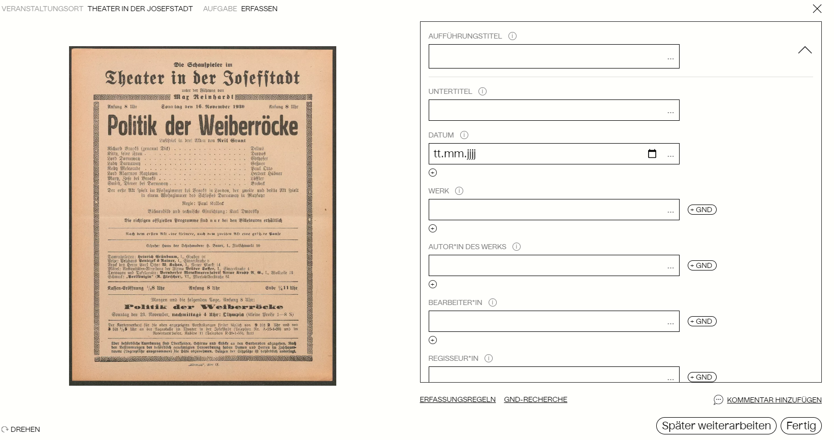 Screenshot der Erschließungsmaske eines Theaterzettels.