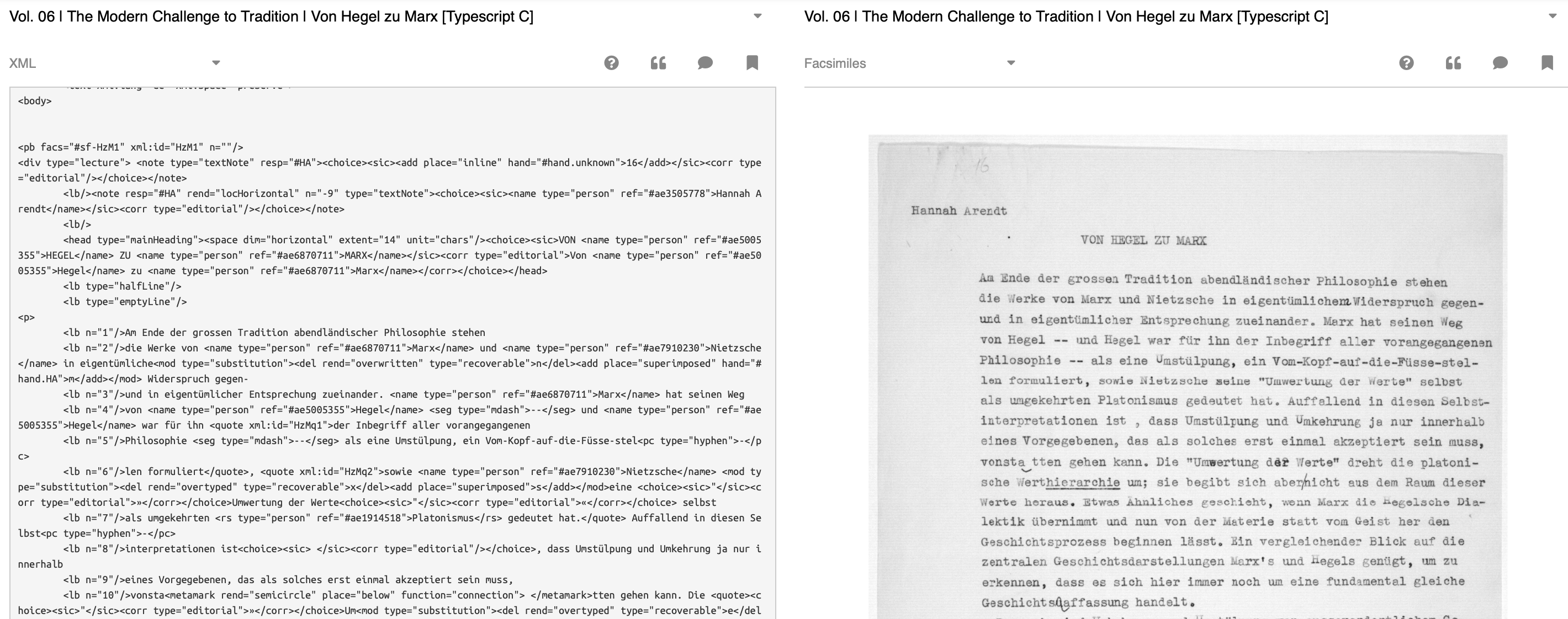 Screenshot of the section “Text”, comparison between XML document and a facsimile.