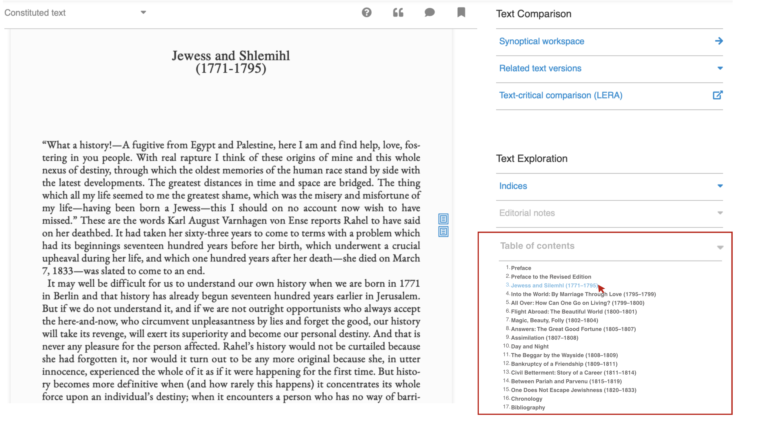 Prototype. In the “Table of Contents”, when the user clicks on the arrow, a dropdown panel opens with the corresponding chapter (highlighted in blue) and the related text next to it.