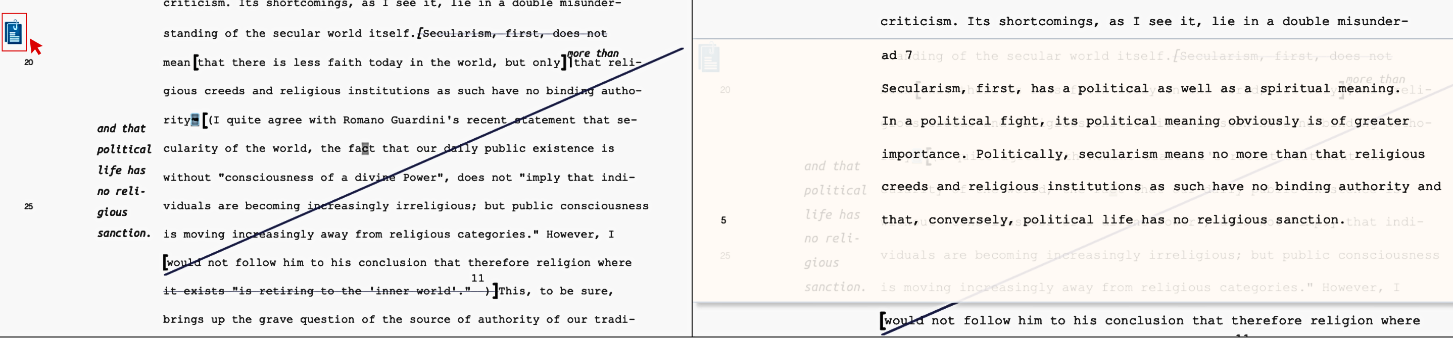 Screenshot of the Superimpositions tool in The Modern Challenge to Tradition: Religion and Politics [Typescript A].