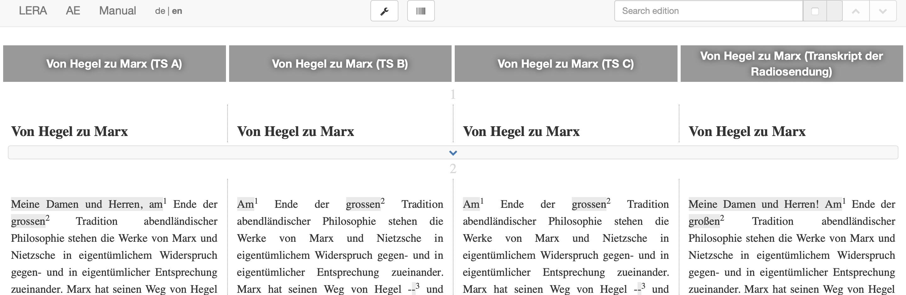 Screenshot of a display of multiple versions of a text based on the LERA tool.