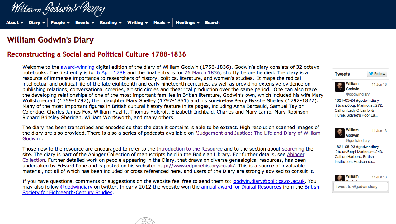 The home page of the William Godwin’s Diary project.
