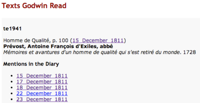 Mentions in the diary of a particular text: seeing the actual entry would be useful.