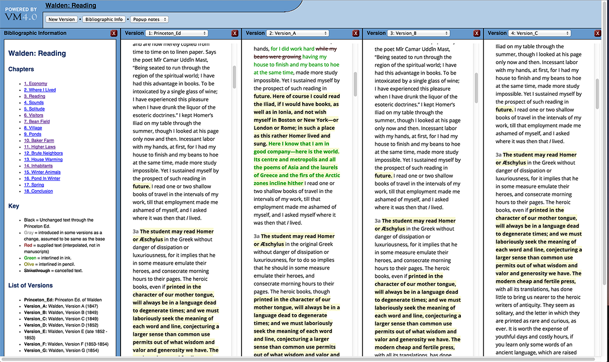 Fluid Text interface using the Versioning Machine showing the Princeton base edition compared to three of the seven variants. The colour-coded Key for the text can also be seen in the Bibliographic Information column on the left.