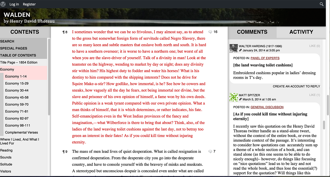 Readers’ Thoreau interface displaying the text in the centre, contents in the left column and annotations on the right-hand-side.