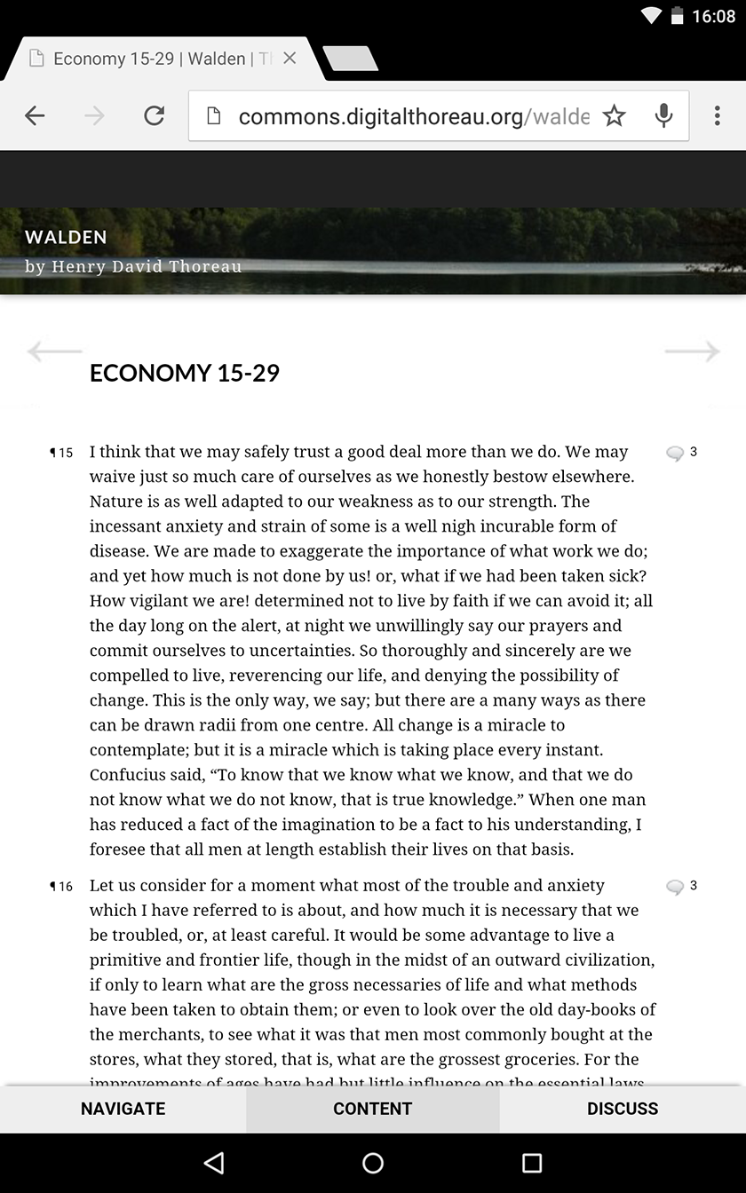 Readers’ Thoreau interface viewed on a 7 inch Google Nexus tablet screen".