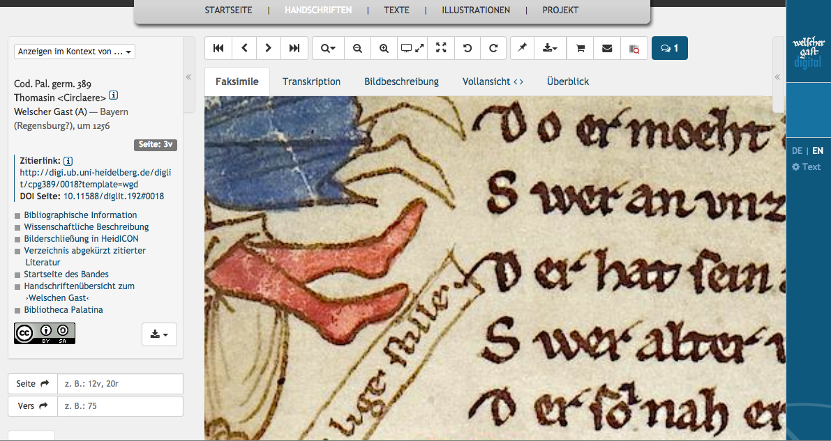 Manuscript tab of the viewer software, where the maximum resolution of manuscript images shows annoying rendering artefacts and blurring (e.g. Cod. Pal. germ. 389, fol. 3v).