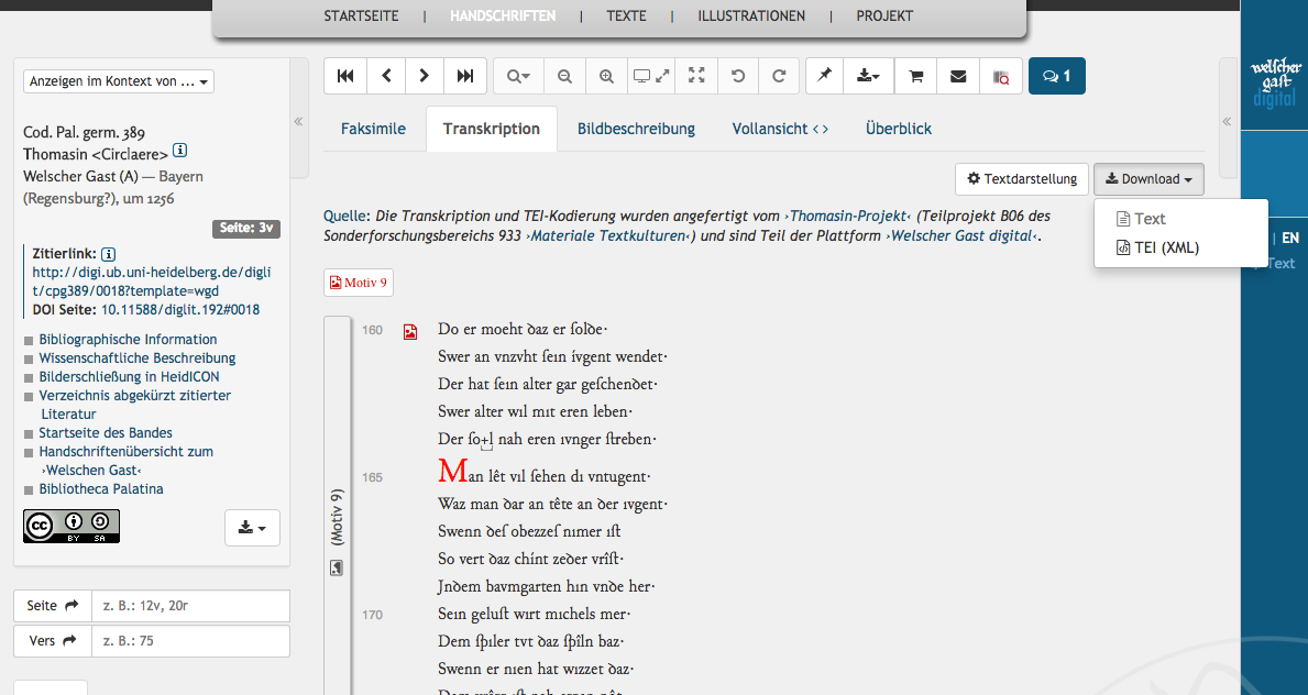 Transcription tab of the viewer software with source download menu.