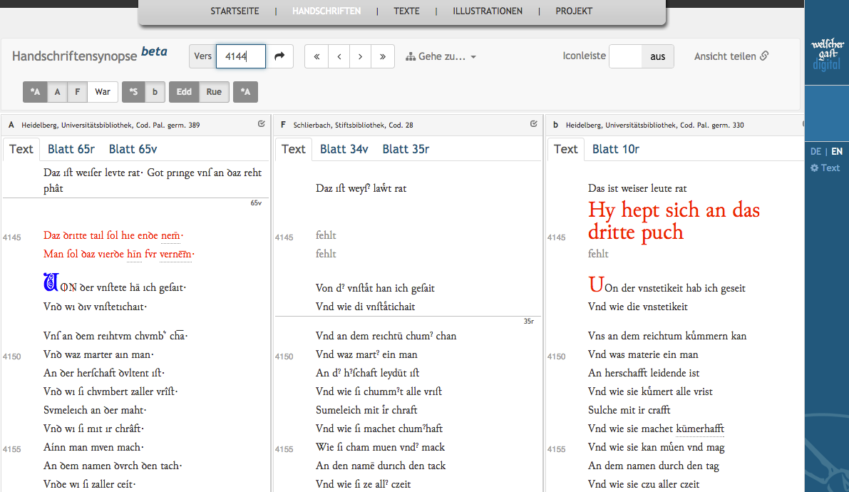 Synoptic text presentation: display of variation in the text transmission in different witnesses around line 4144.