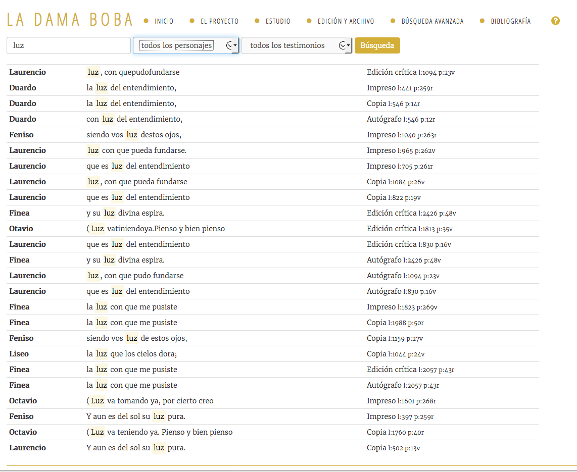 Schreenshot of the advanced search showing the occurrence of the term “luz" (‘light’).