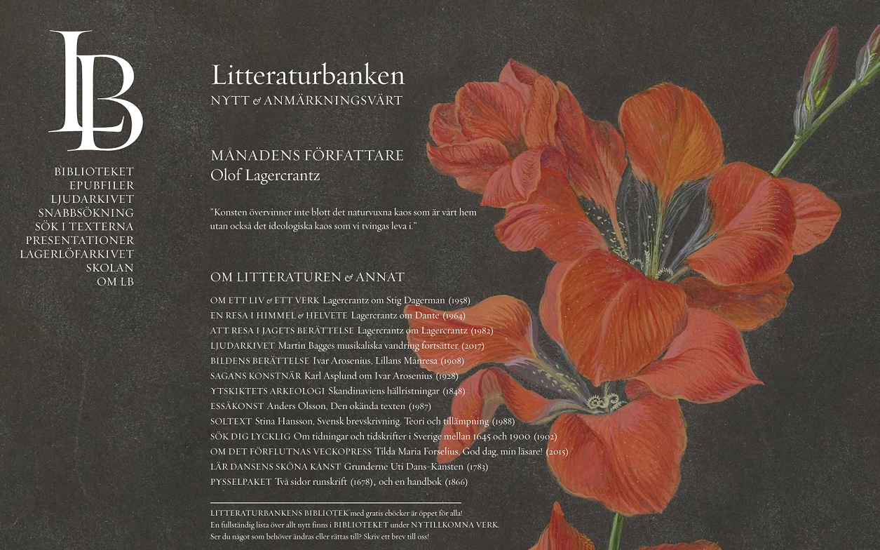 Litteraturbanken’s homepage. Its background image changes from time to time.