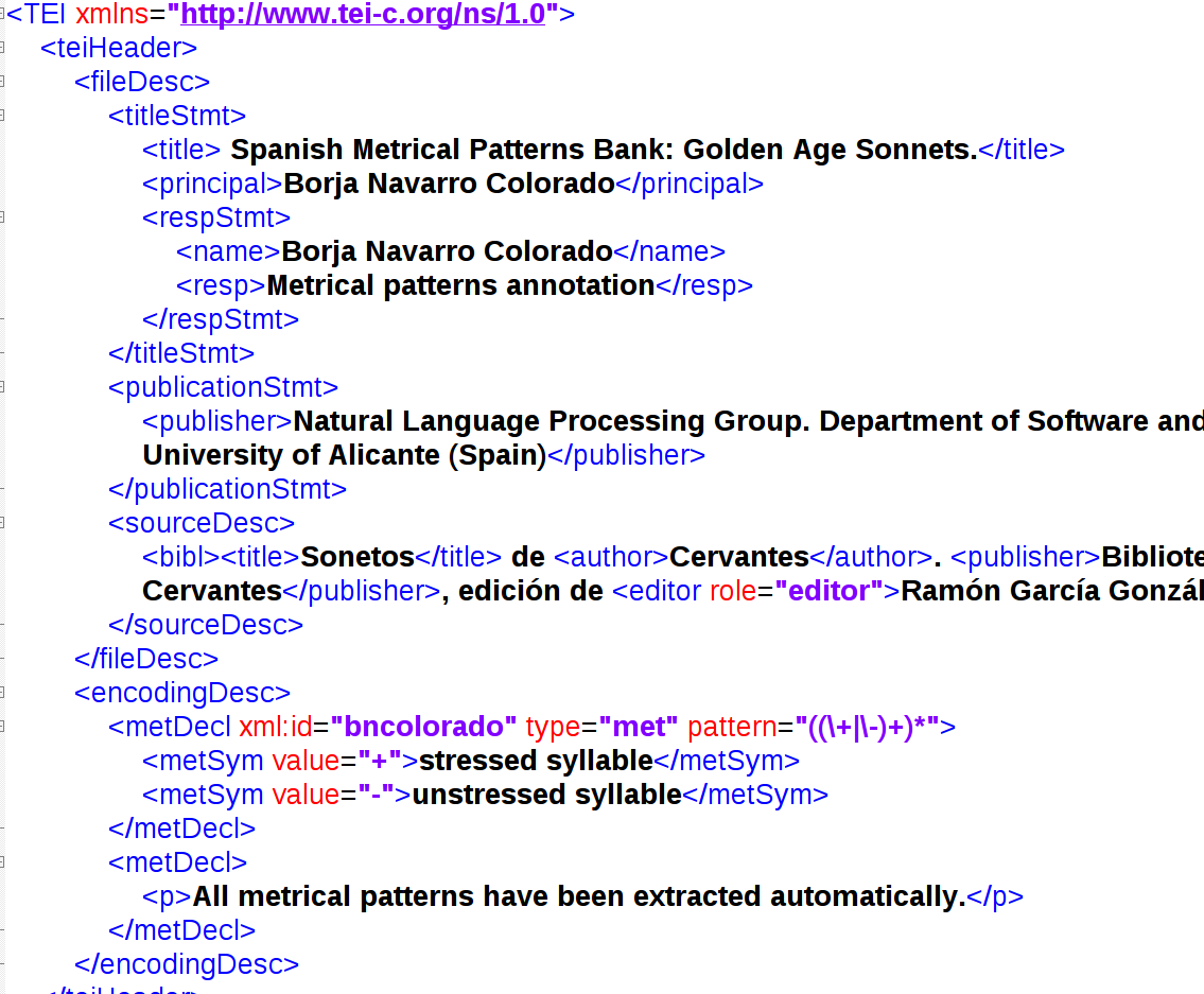 Example of the TEI header of a sonnet from Cervantes.