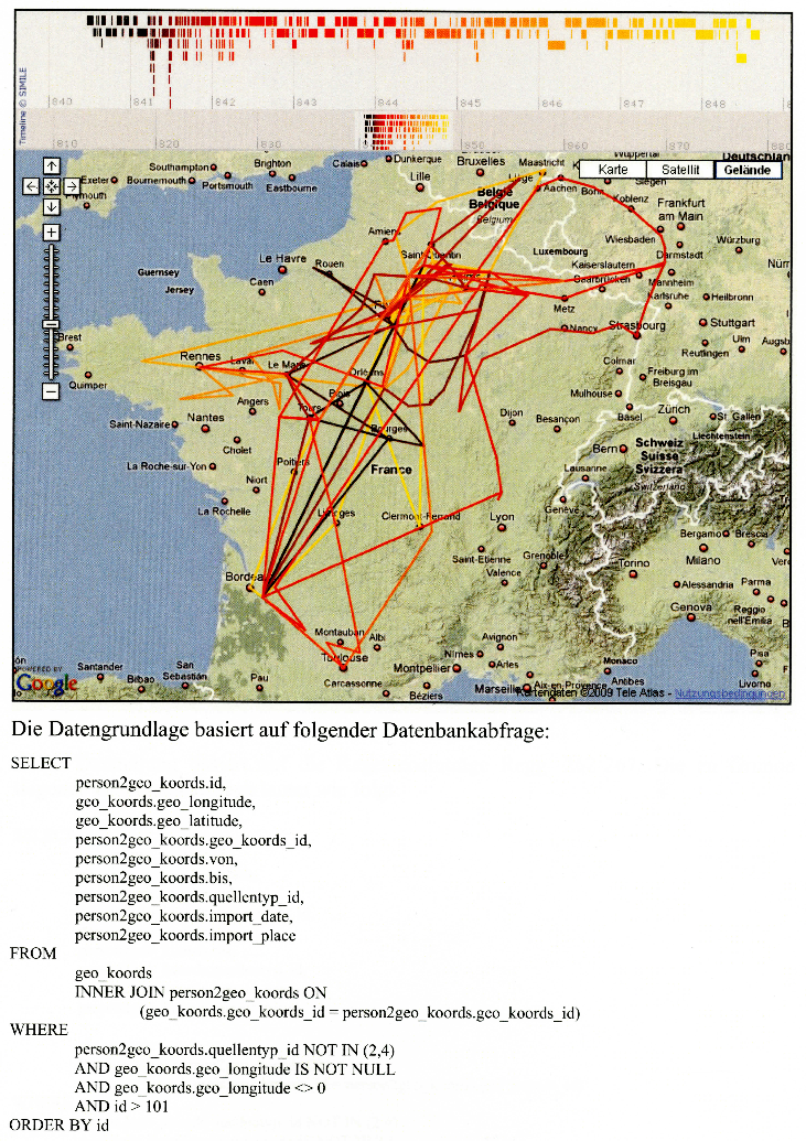 Reisetätigkeiten Karls des Kahlen, visualisiert mit Hilfe von Google Maps und Timemap. Vgl. Anm. 30, S. 88.