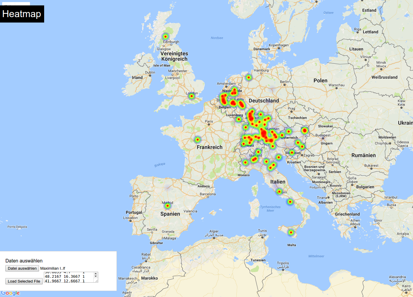 Die Einflussräume Maximilians I. gehen aus einer Heatmap hervor (mit freundlicher Genehmigung der Digitalen Akademie, Mainz).