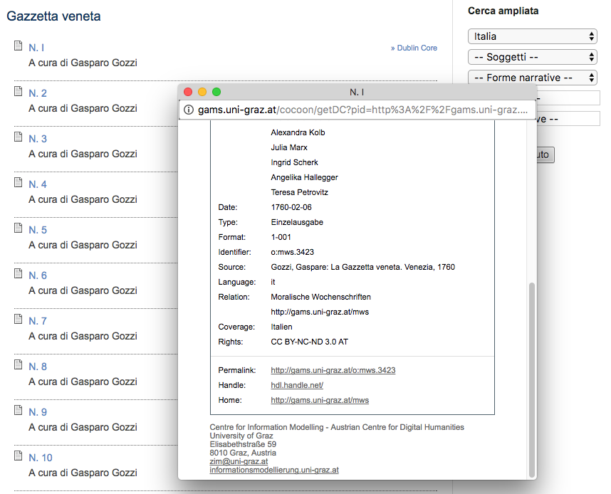 L’unico contatto email del progetto è reperibile dalle schede metadati Dublin Core allegate ai giornali attualmente disponibili nel database.
