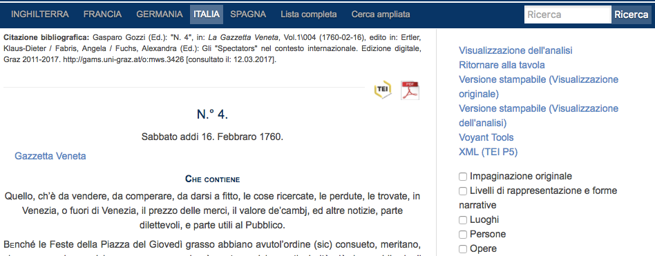 Schermata di MWS. In questo esempio, il quarto numero della Gazzetta Veneta, la citazione bibliografica si trova a capo pagina. La trascrizione del testo è disponibile in due formati, XML (TEI P5) e PDF, ed il menù di destra fornisce altre modalità di visualizzazione.