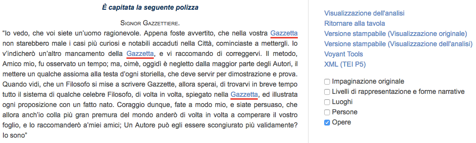 Un esempio d'interattività nel testo della Gazzetta Veneta. La selezione della casella 'Opere' nel menù di destra evidenzia in rosso le opere citate nel testo.