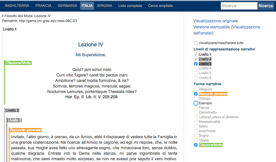 Esempio di un testo annotato e del rapporto gerarchico delle annotazioni.