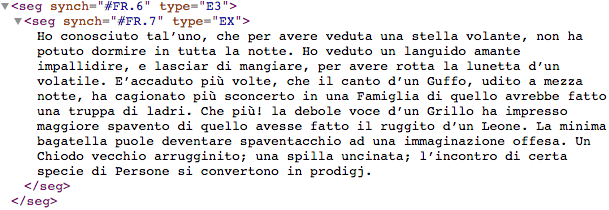 Nell'elemento <body> dello stesso giornale le relative annotazioni vengono invocate tramite l'xml:id dichiarato nel <teiHeader> (vedi Fig. 5). Qui viene riportato un Livello 3 (@type=E3) e un esempio (@type=EX).