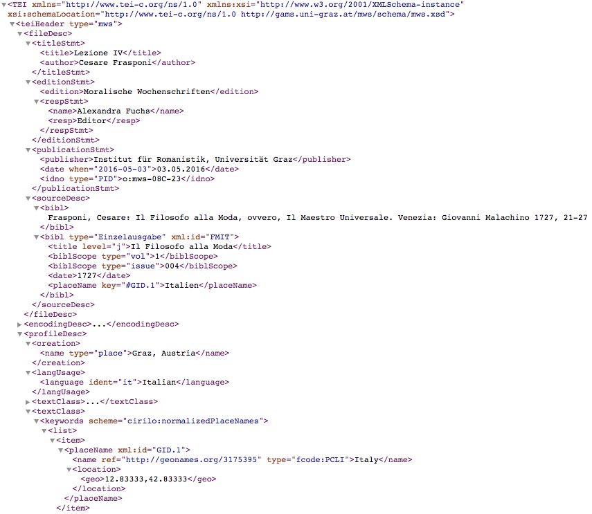 I metadati relativi a Il Filosofo alla Moda: Lezione IVsono forniti nel <teiHeader> del file di trascrizione XML (TEI P5).