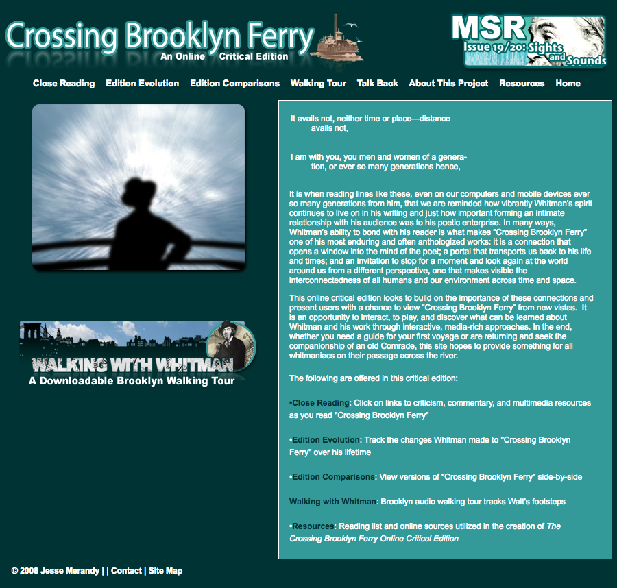 Home page for Crossing Brooklyn Ferry.