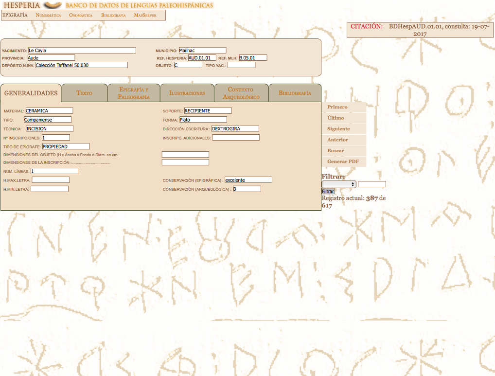 Screen capture of the epigraphy table.