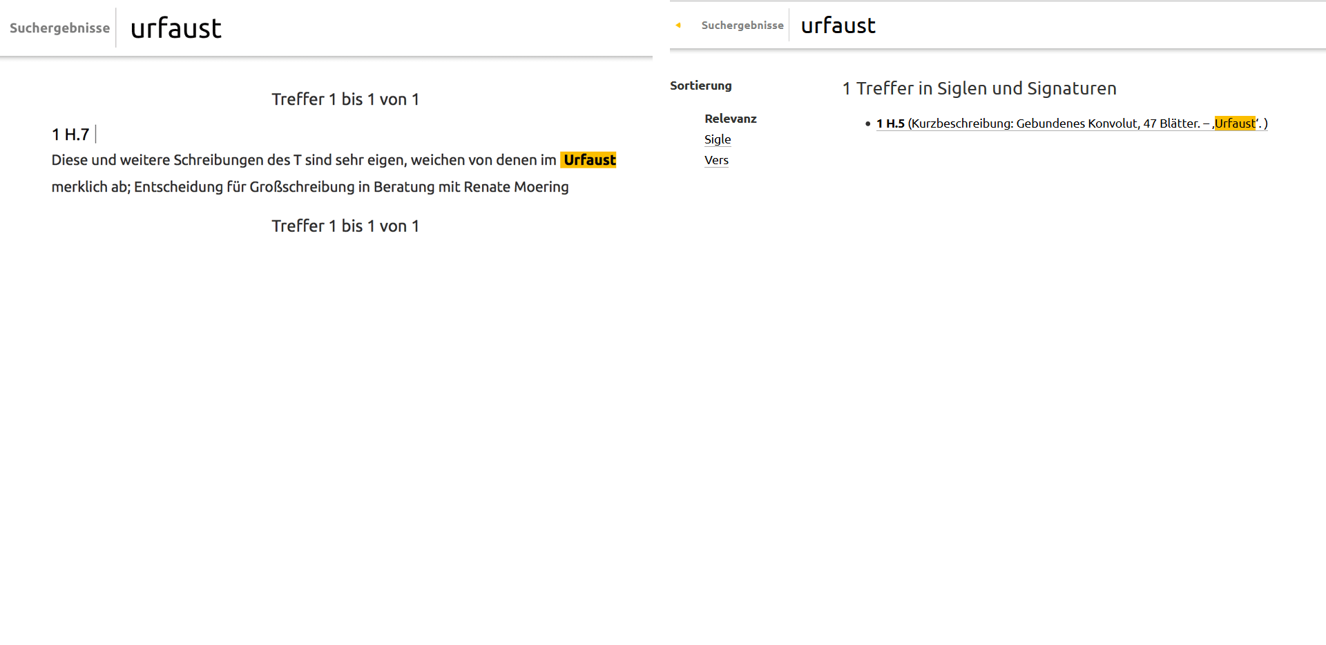 A comparison of the search results for ‘Urfaust’ in beta 1 (9 October 2016; left) and beta 2 (8 February 2017; right).