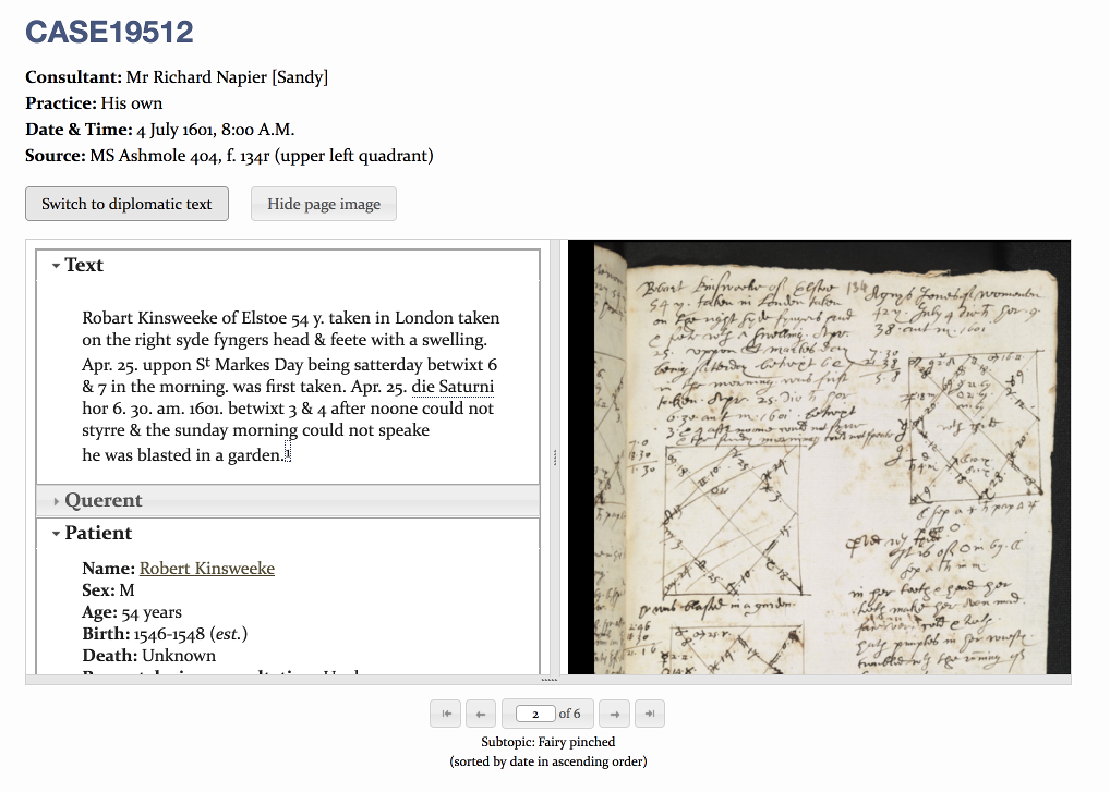 Transcription of Case No. 19512, a case of ‘fairy pinching’. The transcription is displayed on the left, while the high-resolution image is displayed on the right. Options to toggle between normalized and diplomatic editions and to hide images are located above.
