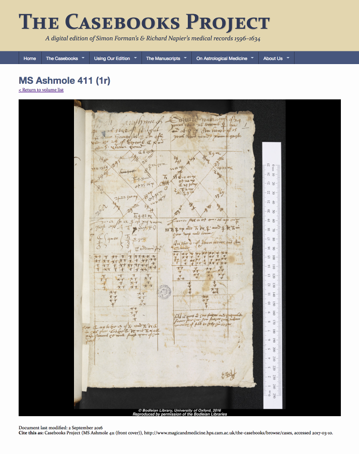 One of Forman’s journals, MS Ashmore 411, viewed through the browsing interface.