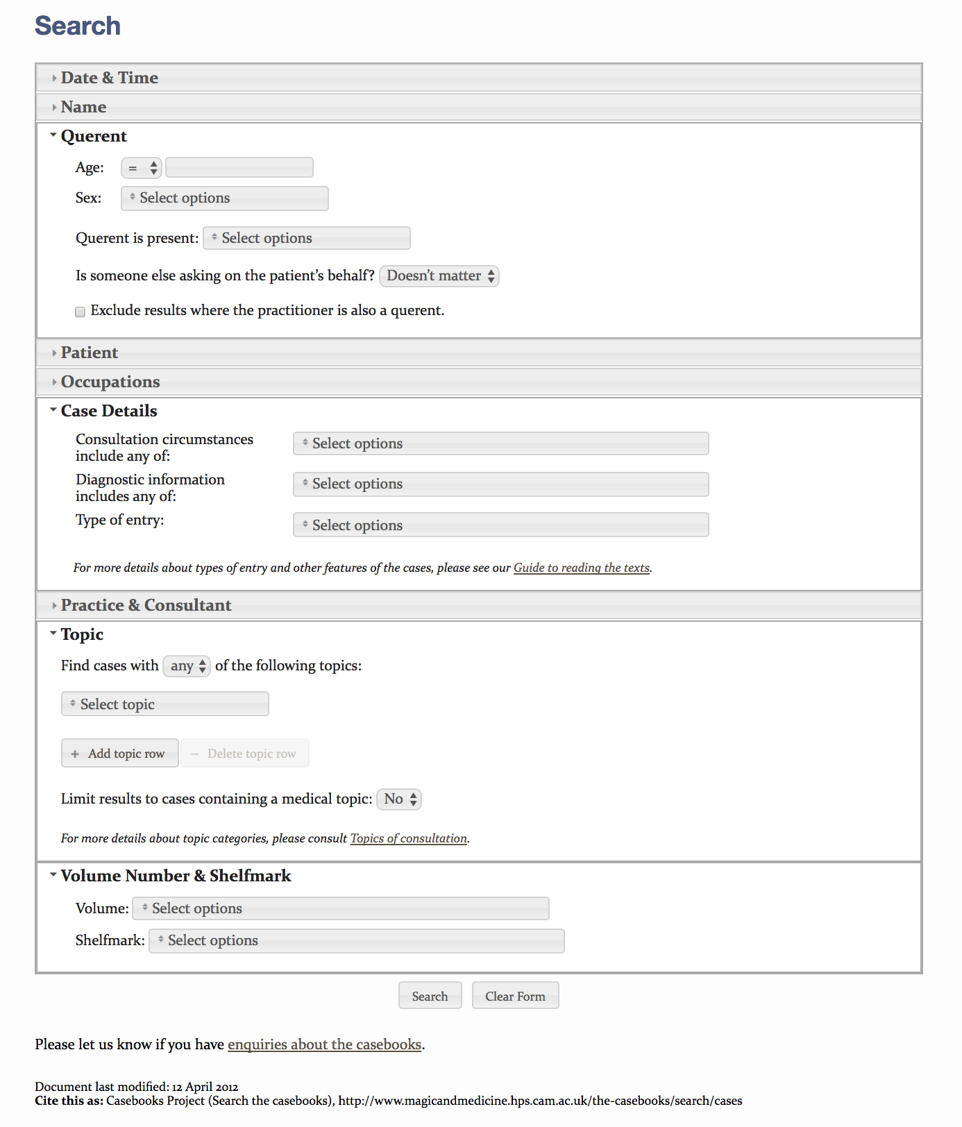 Search Module, with options for querent, case details, topic, and volume selected.