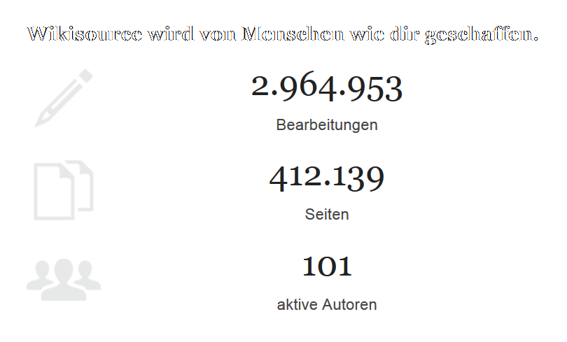 Wikisource-Statistik zur Anzahl der Bearbeitungen, Seiten und Bearbeiter (https://de.wikisource.org/w/index.php?title=Spezial:Benutzerkonto_anlegen, Stand: 5.1.2018).
