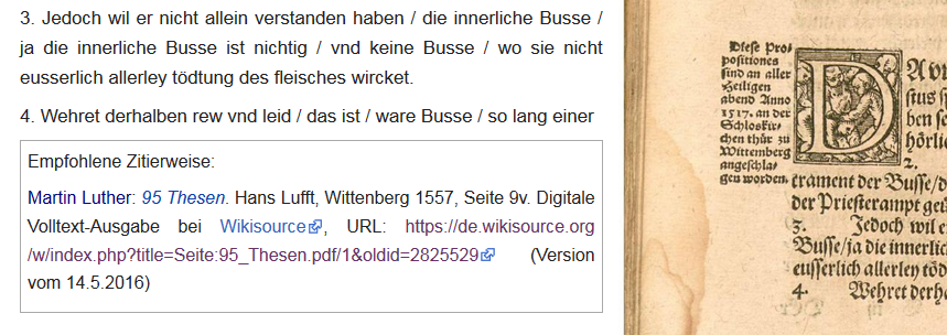 Martin Luther: 95 Thesen. Hans Lufft, Wittenberg 1557, Seite 9v. Digitale Volltext-Ausgabe bei Wikisource, URL: https://de.wikisource.org/w/index.php?title=Seite:95_Thesen.pdf/1&oldid=2825529 (Version vom 14.5.2016).