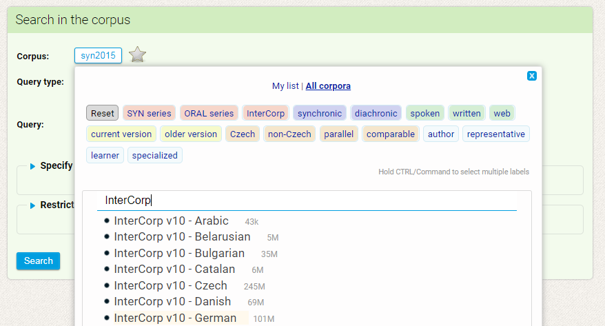 Auswahl des InterCorp im Korpusmanager KonText.