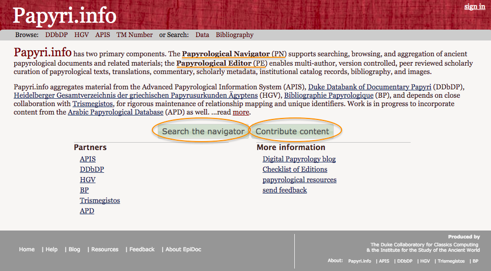 Home page of Papyri.info, with the two components – the PN and the PE – highlighted. https://web.archive.org/web/20170710143913/http://papyri.info.