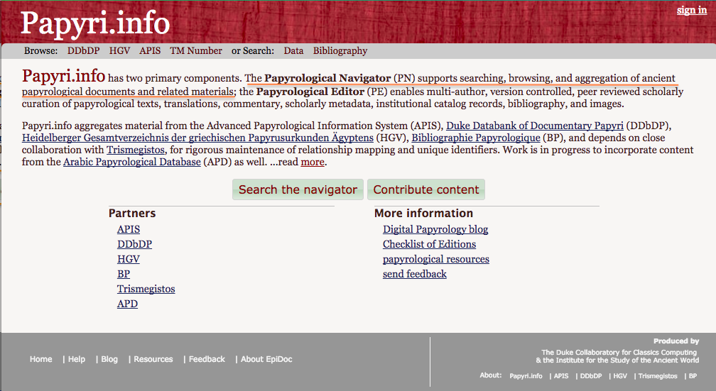 Home page of Papyri.info, with the information about its content highlighted: https://web.archive.org/web/20180110131138/http://papyri.info.