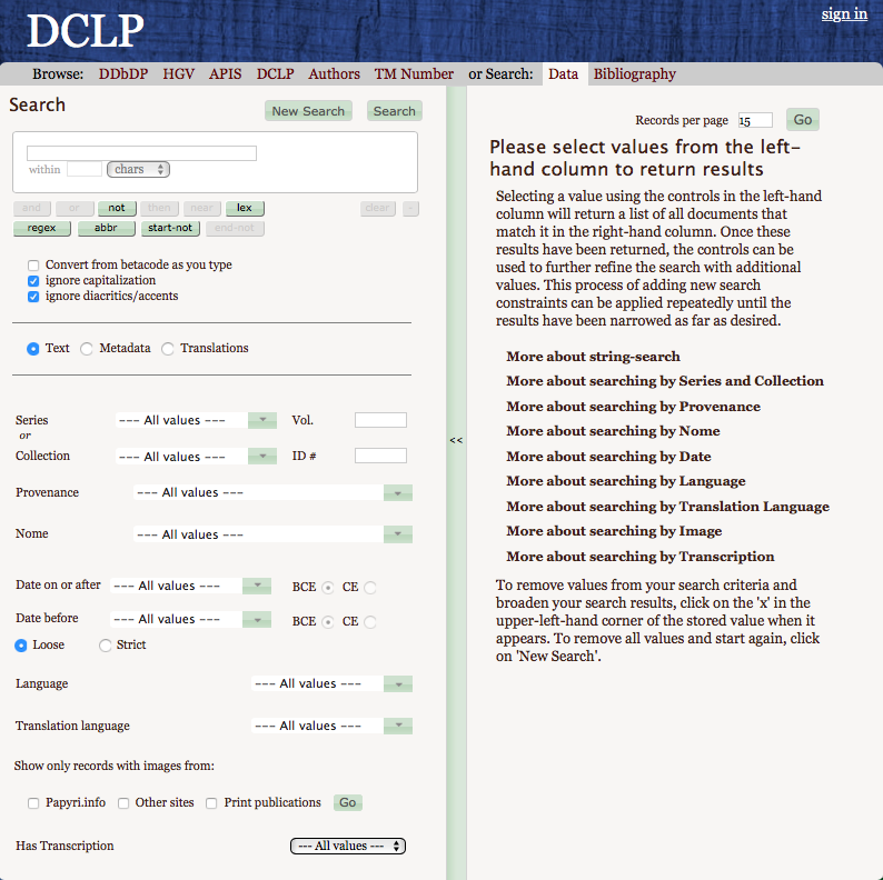 The Papyrological Navigator of the DCLP. https://web.archive.org/web/20170107212926/http://www.litpap.info:80/search.