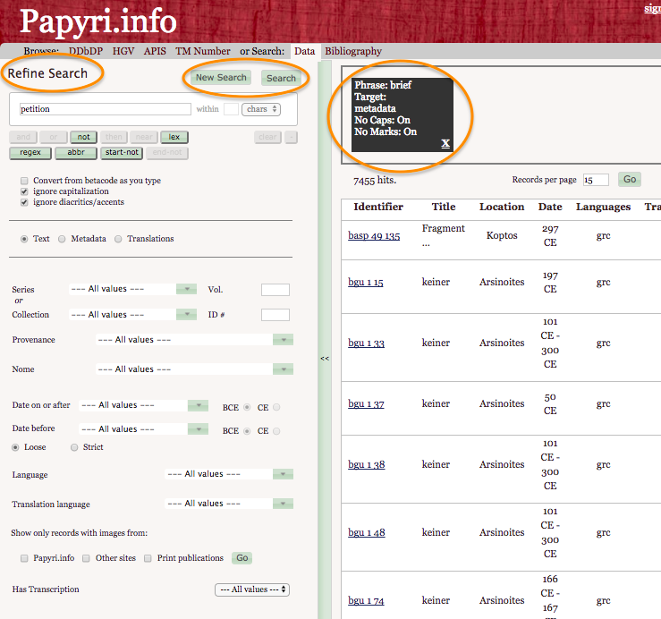The PN search interface after performing a search. The buttons and the information to perform new searches are highlighted.