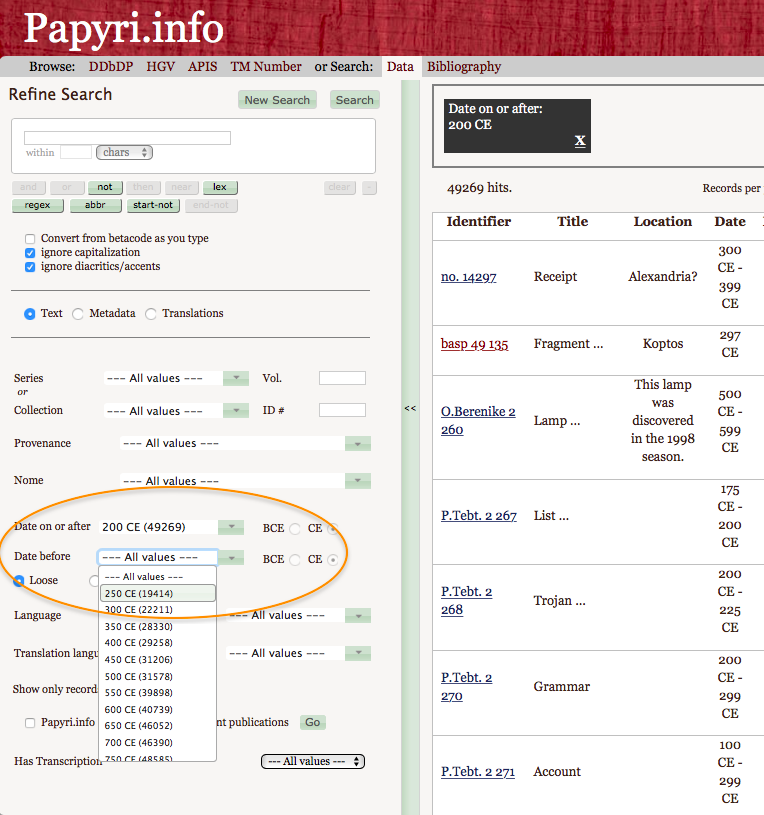 Search form of Papyri.info. The fields for the search of a date are highlighted.