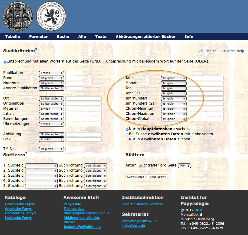 Search form of the HGV; highlighted, the numerous date fields, which allow a detailed search. https://web.archive.org/web/20171002153018/http://aquila.zaw.uni-heidelberg.de/search.