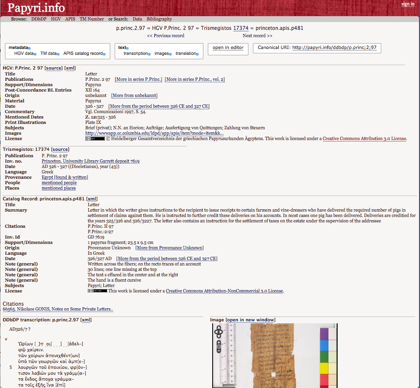 Example of a record in the PN with an image of the papyrus (P.Princ. II 97, letter), imported from APIS. http://papyri.info/ddbdp/p.princ;2;97?rows=3&start=2828&fl=id%2Ctitle&fq=%28images-int%3Atrue%29&sort=series+asc%2Cvolume+asc%2Citem+asc&p=2829&t=3010, accessed 24 October 2017.